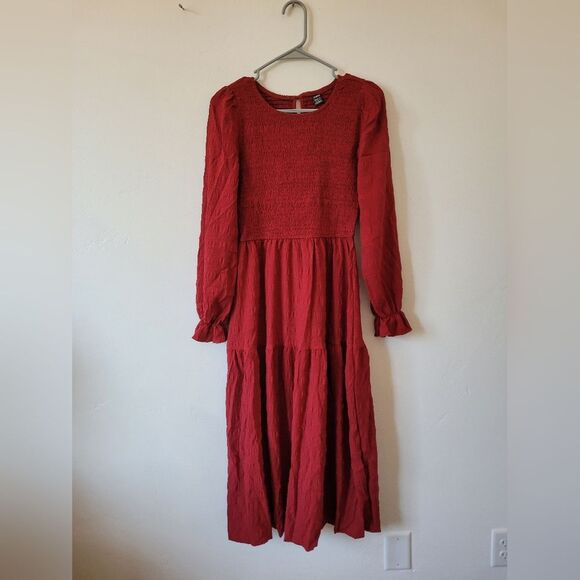 Red Peasant Dress Midi Smocked Puff Sleeve Cottagecore Tiered Maiden Milkmaid S - Picture 6 of 11